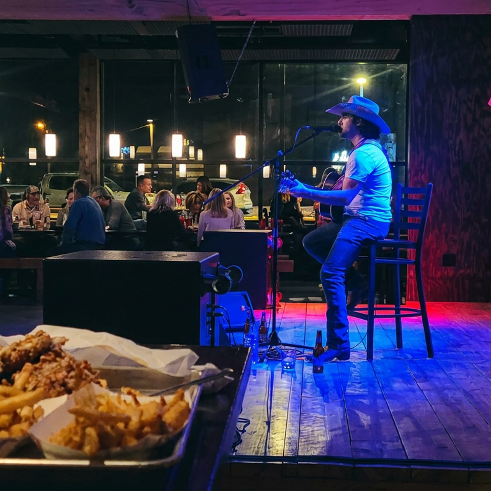 Country musician performs onstage in a lively restaurant, with diners seated nearby and fried food with fries in the foreground.
