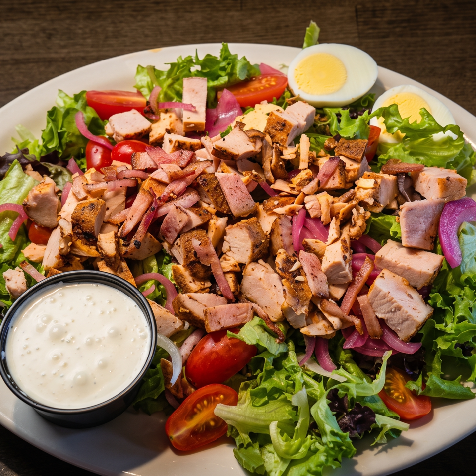 Grilled chicken salad with mixed greens, tomatoes, red onions, hard-boiled eggs, and creamy dressing on a white plate.