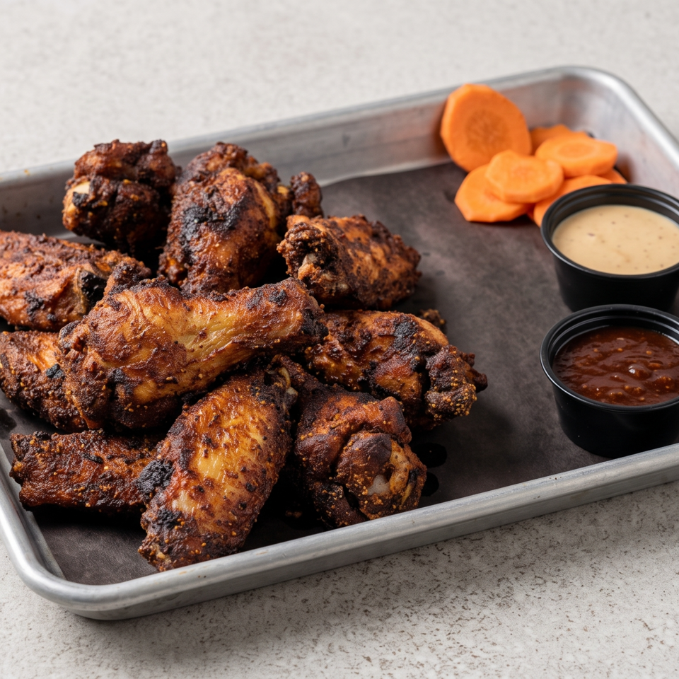 Crispy fried chicken pieces served on a metal tray with two dipping sauces and sliced carrots.