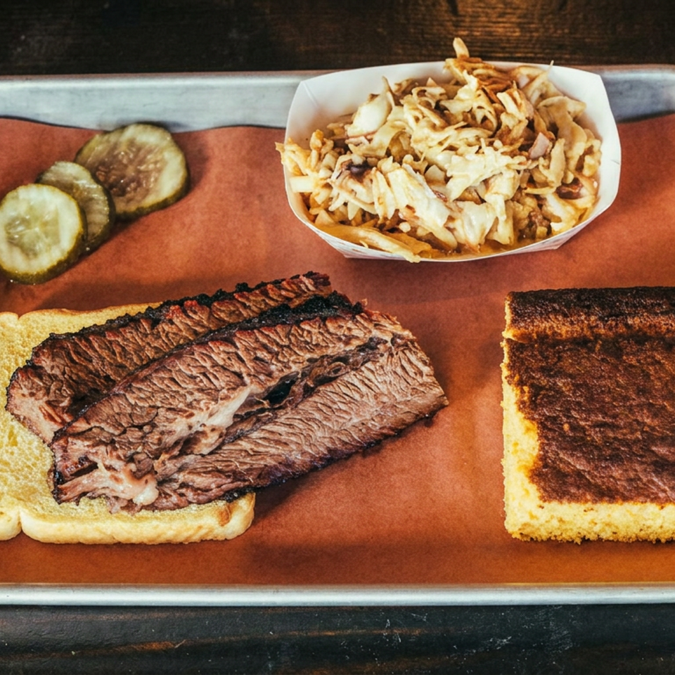 Tray with sliced smoked brisket on bread, barbecue beans, cornbread, and pickle slices on a wooden table.
