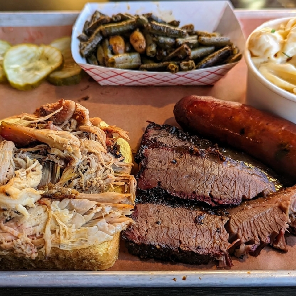 Barbecue platter featuring sliced brisket, sausage, pulled meat on bread, pickles, fried vegetables, and creamy dumplings.