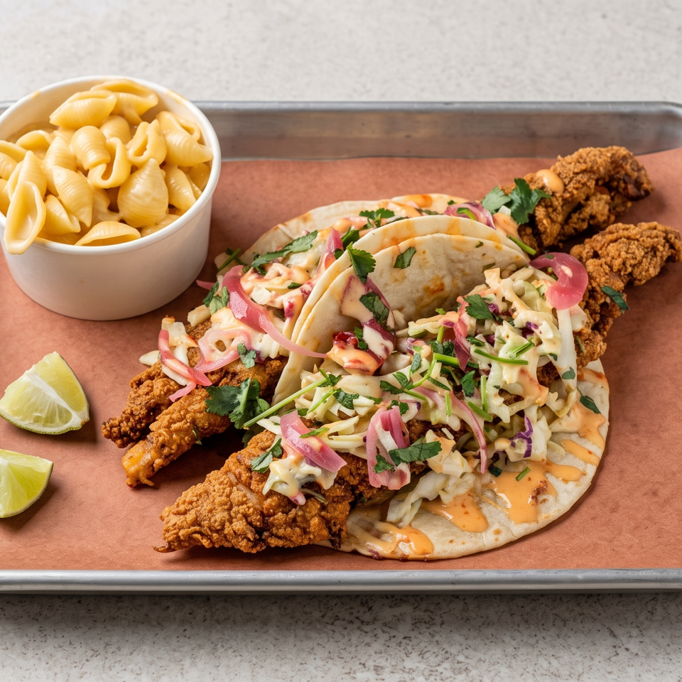 Crispy fried fish tacos topped with slaw, pickled onions, cilantro, lime wedges, and shell pasta on a serving tray.