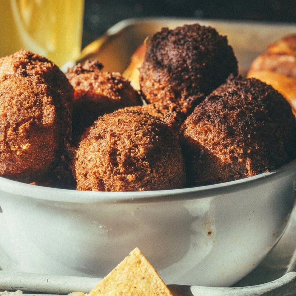 Bowl of golden-brown fried corn fritters on a serving tray, with tortilla chips, dipping sauce, and a drink nearby.