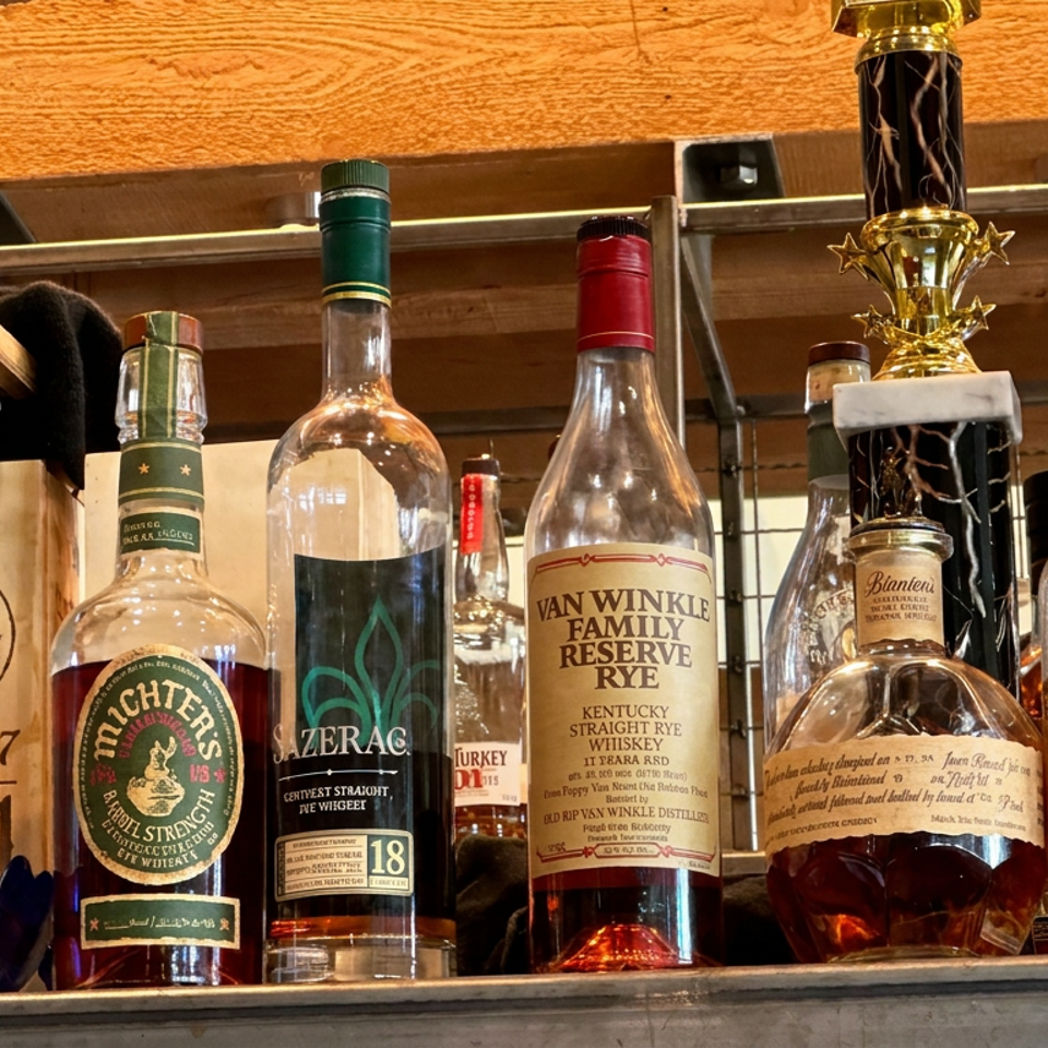Display shelf featuring vintage bourbon and rye whiskey bottles, including Van Winkle Family Reserve, Michter’s, and Chicken Cock.