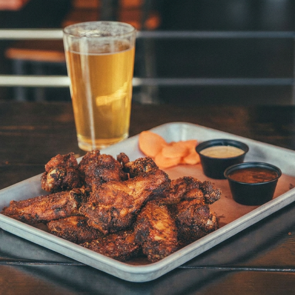 Crispy fried chicken wings with dipping sauces and carrot sticks on a tray beside a glass of beer.