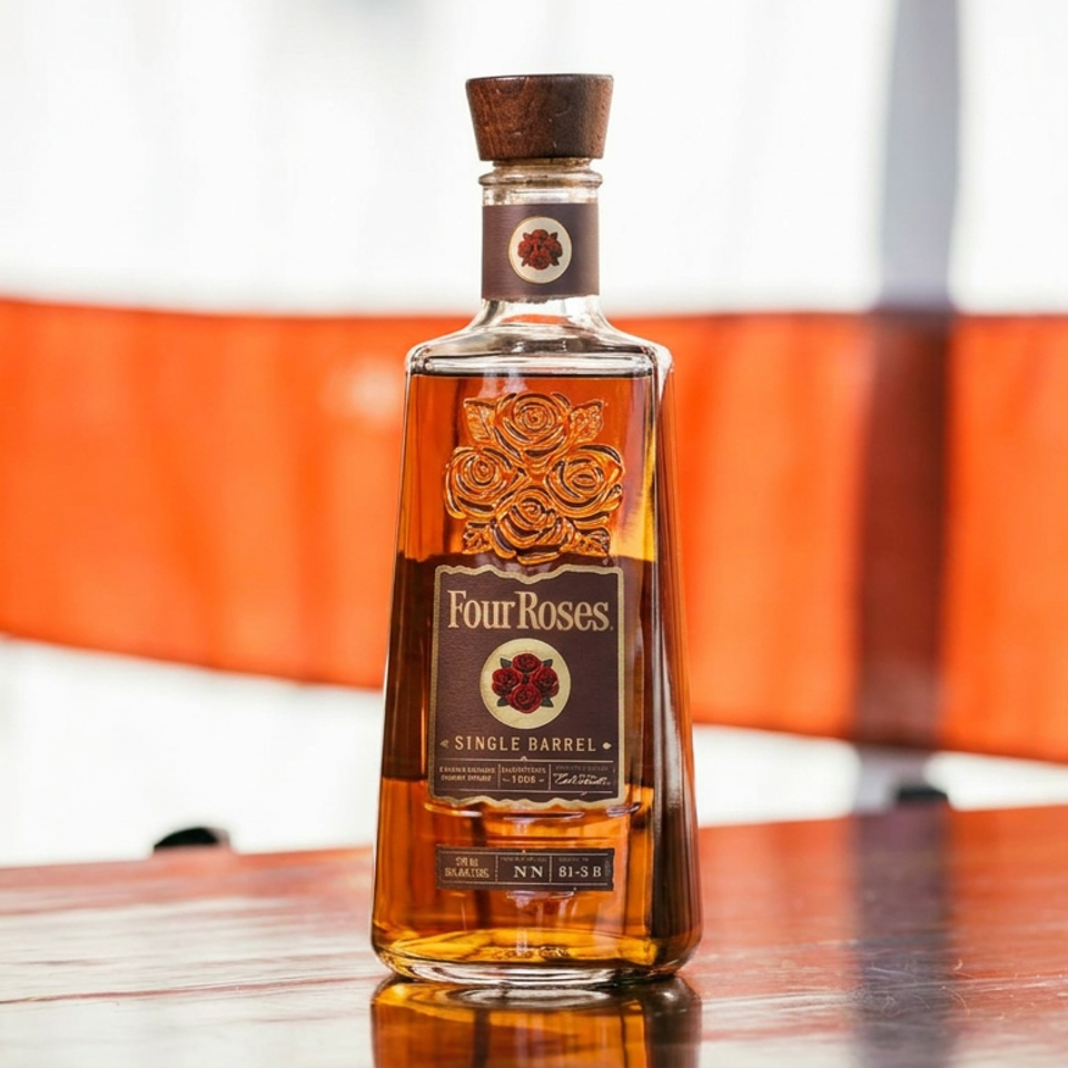 Four Roses Single Barrel bourbon bottle displayed on a polished wooden table against an orange-and-white background.