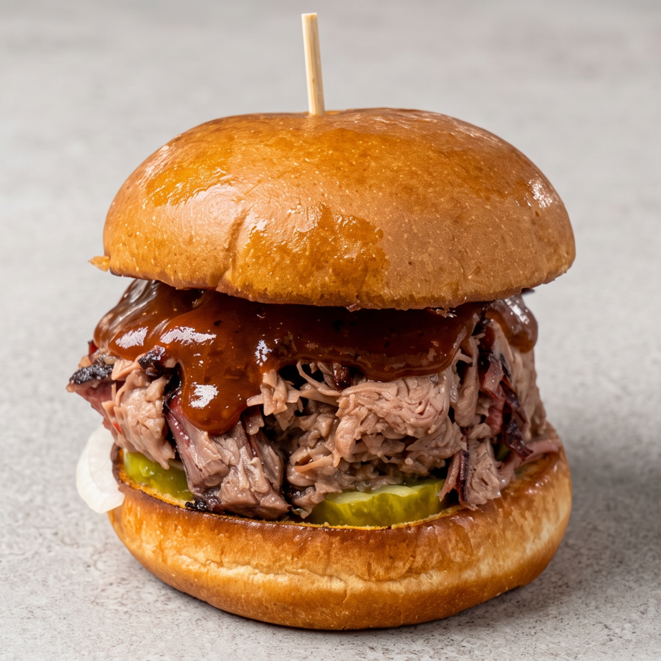 Pulled beef sandwich with pickles and barbecue sauce on a glossy brioche bun, secured with a wooden skewer.