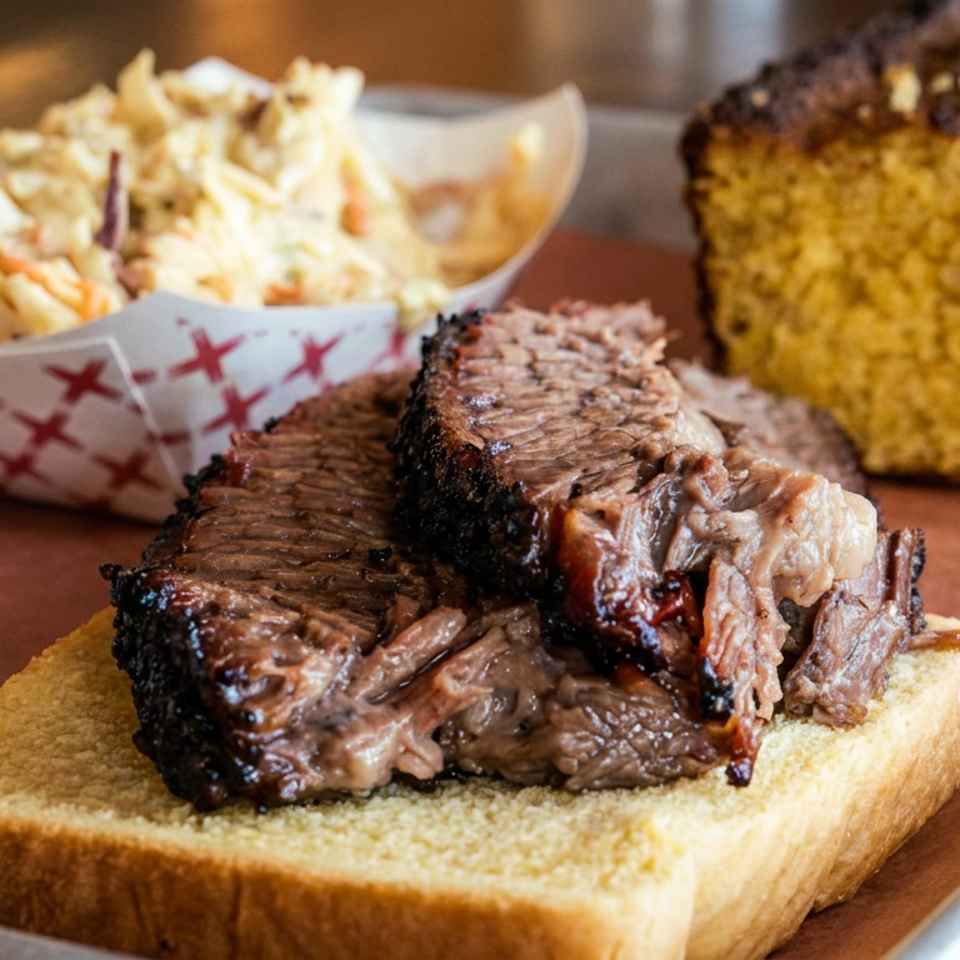 Stacked slices of smoked beef brisket on white bread, served with fries and a square of cornbread on a wooden tray.