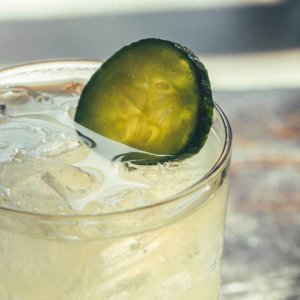 Pale yellow iced cocktail in a rocks glass, garnished with a thick cucumber slice on a sunlit outdoor table.