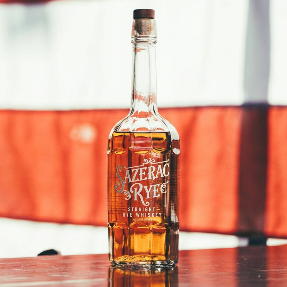 Bottle of Sazerac Rye straight rye whiskey on a wooden table, with a sunlit red upholstered booth in the background.