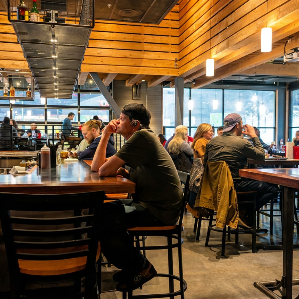 Busy modern restaurant interior with wood-paneled walls, bar seating, pendant lights, and patrons dining at tables.