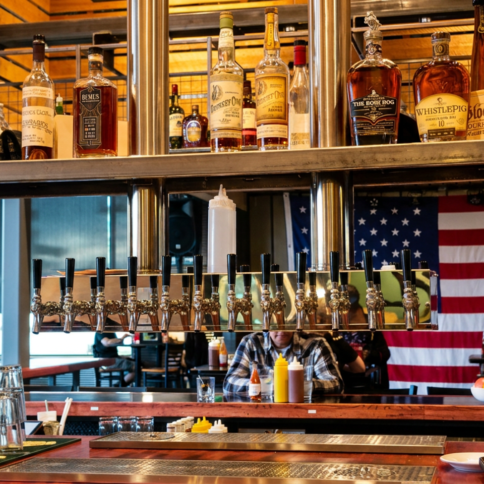 Craft cocktail bar with rows of liquor bottles, numerous beer taps, an American flag, and patrons seated behind the counter.
