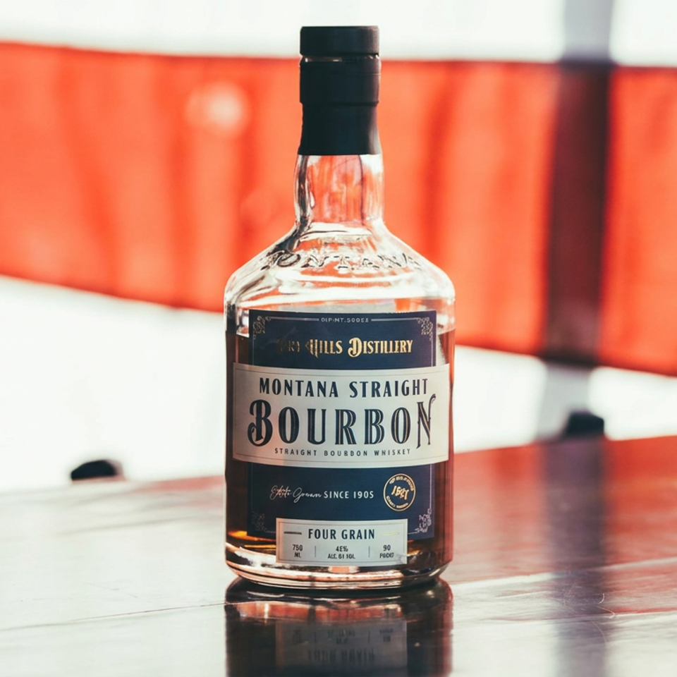 Bottle of Montana straight bourbon whiskey displayed on a wooden table against a red and white upholstered backdrop.